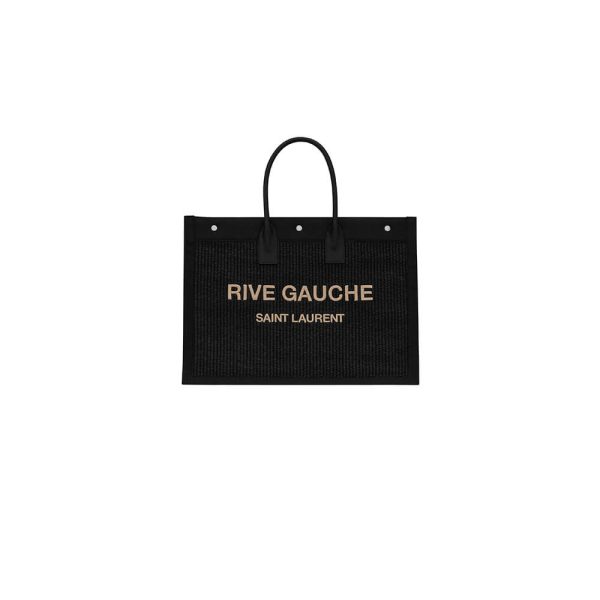 RIVE GAUCHE LARGE TOTE BAG IN EMBROIDERED RAFFIA AND LEATHER