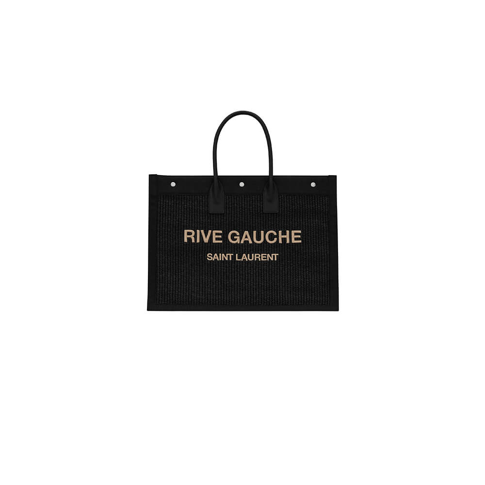 RIVE GAUCHE LARGE TOTE BAG IN EMBROIDERED RAFFIA AND LEATHER