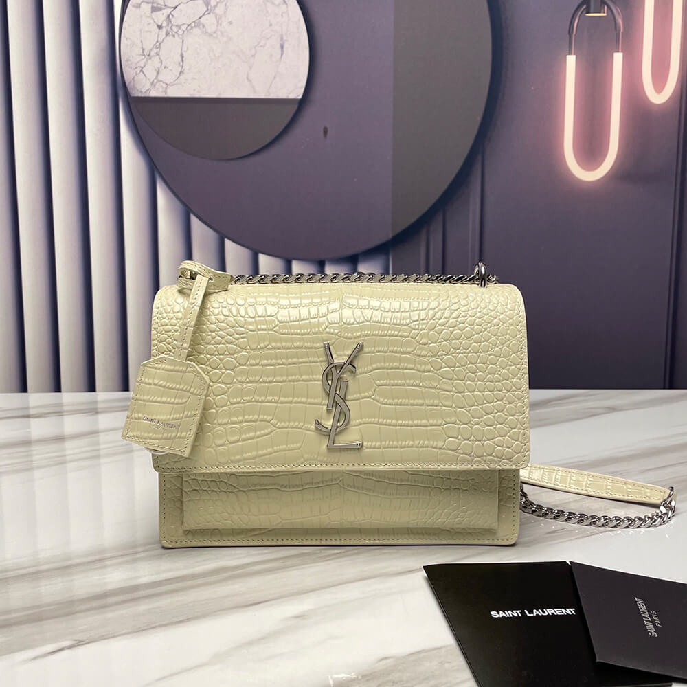 SUNSET MEDIUM CHAIN BAG IN CROCODILE-EMBOSSED SHINY LEATHER