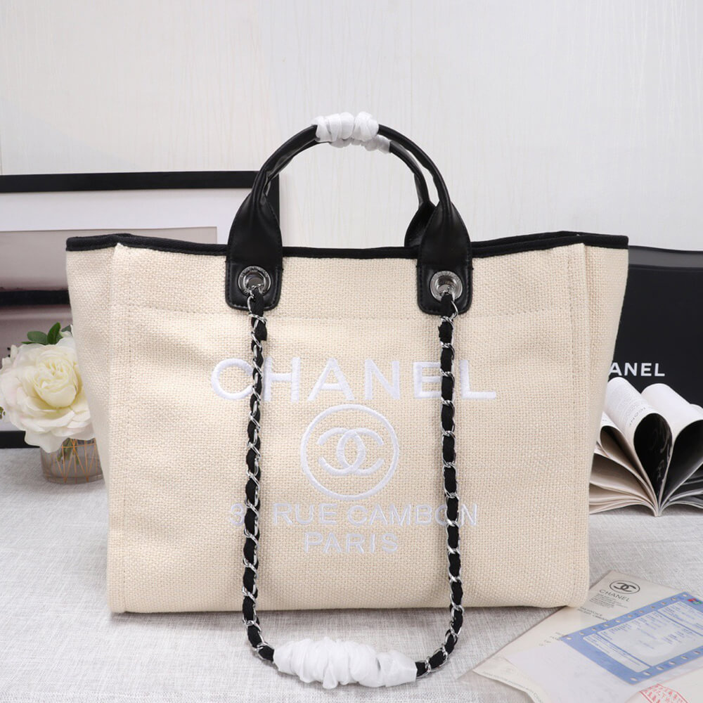 Ch*el woven straw raffia striped medium deauville tote