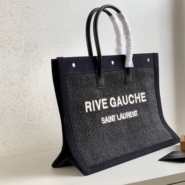 RIVE GAUCHE LARGE TOTE BAG IN EMBROIDERED RAFFIA AND LEATHER