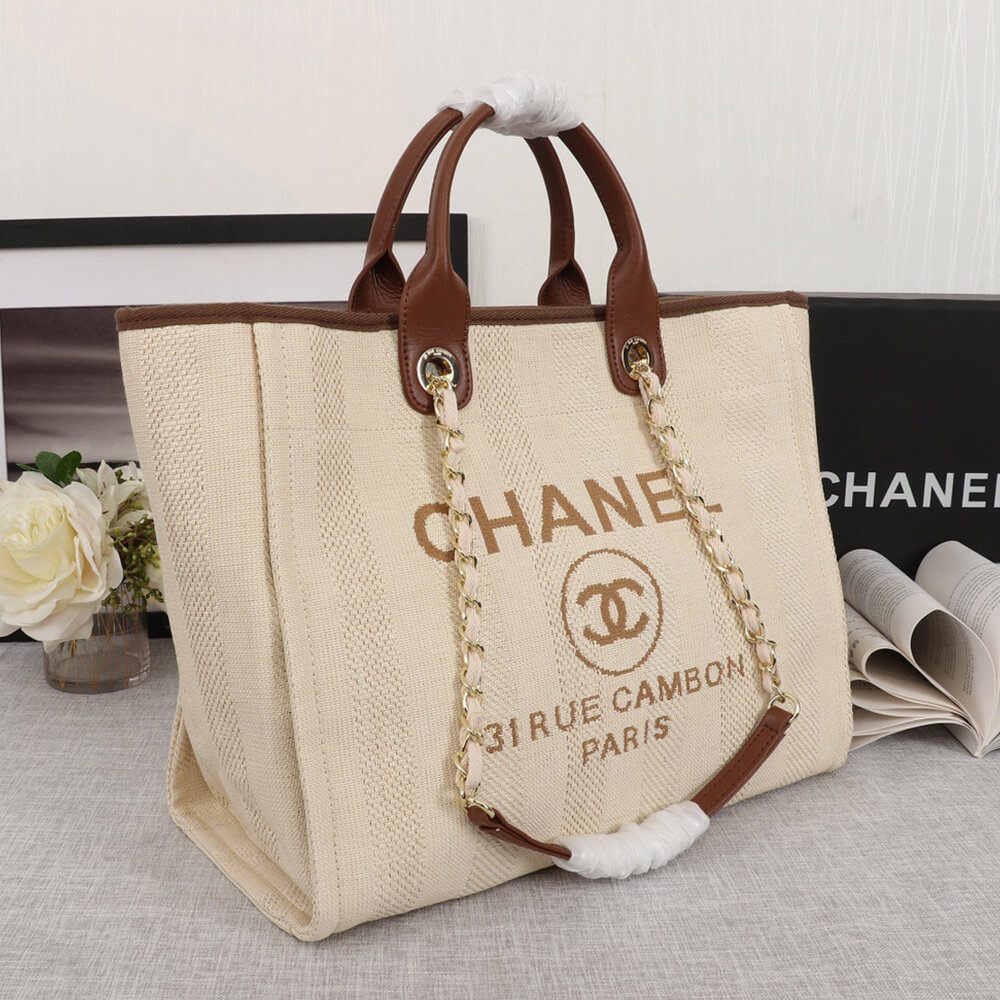 Ch*el woven straw raffia striped medium deauville tote