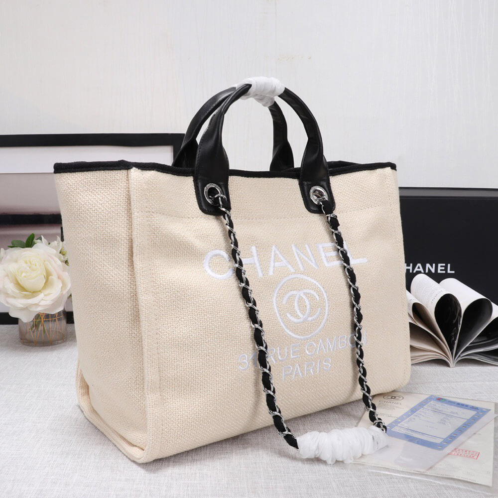 Ch*el woven straw raffia striped medium deauville tote