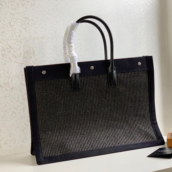 RIVE GAUCHE LARGE TOTE BAG IN EMBROIDERED RAFFIA AND LEATHER