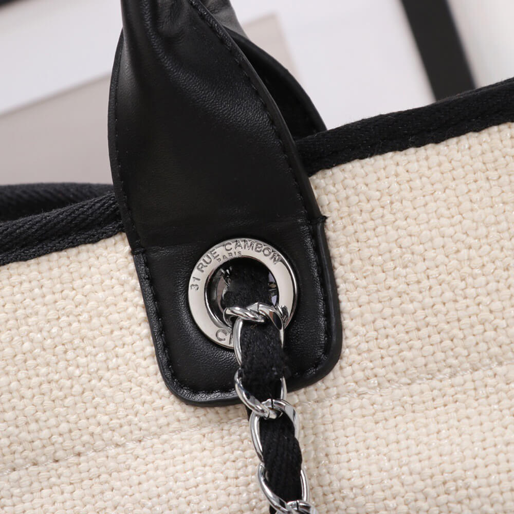 Ch*el woven straw raffia striped medium deauville tote