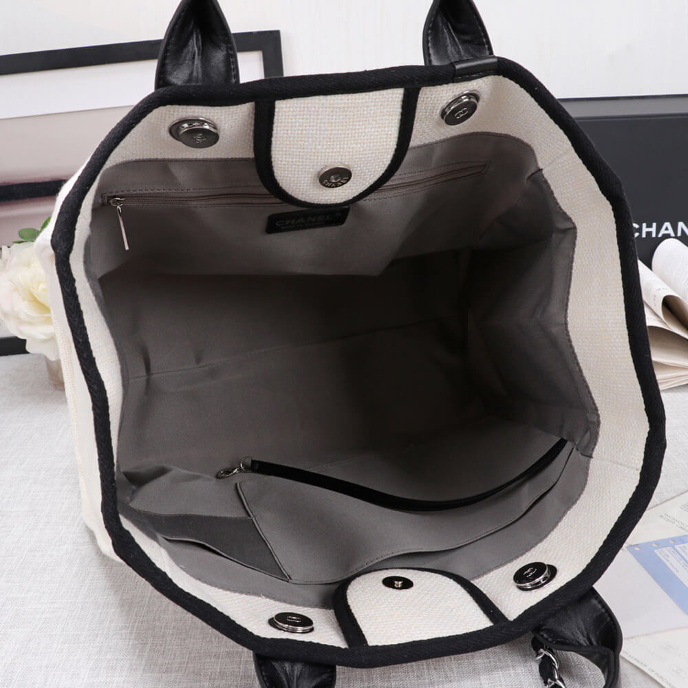 Ch*el woven straw raffia striped medium deauville tote