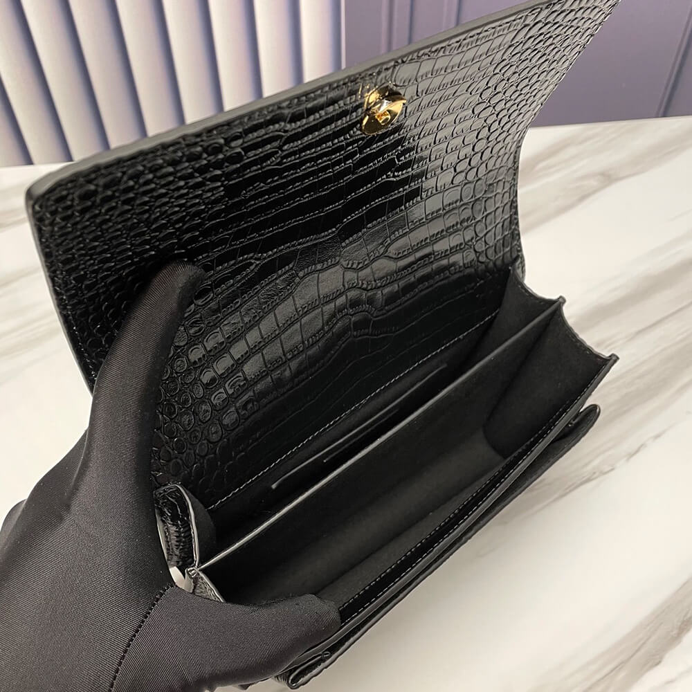 SUNSET MEDIUM CHAIN BAG IN CROCODILE-EMBOSSED SHINY LEATHER